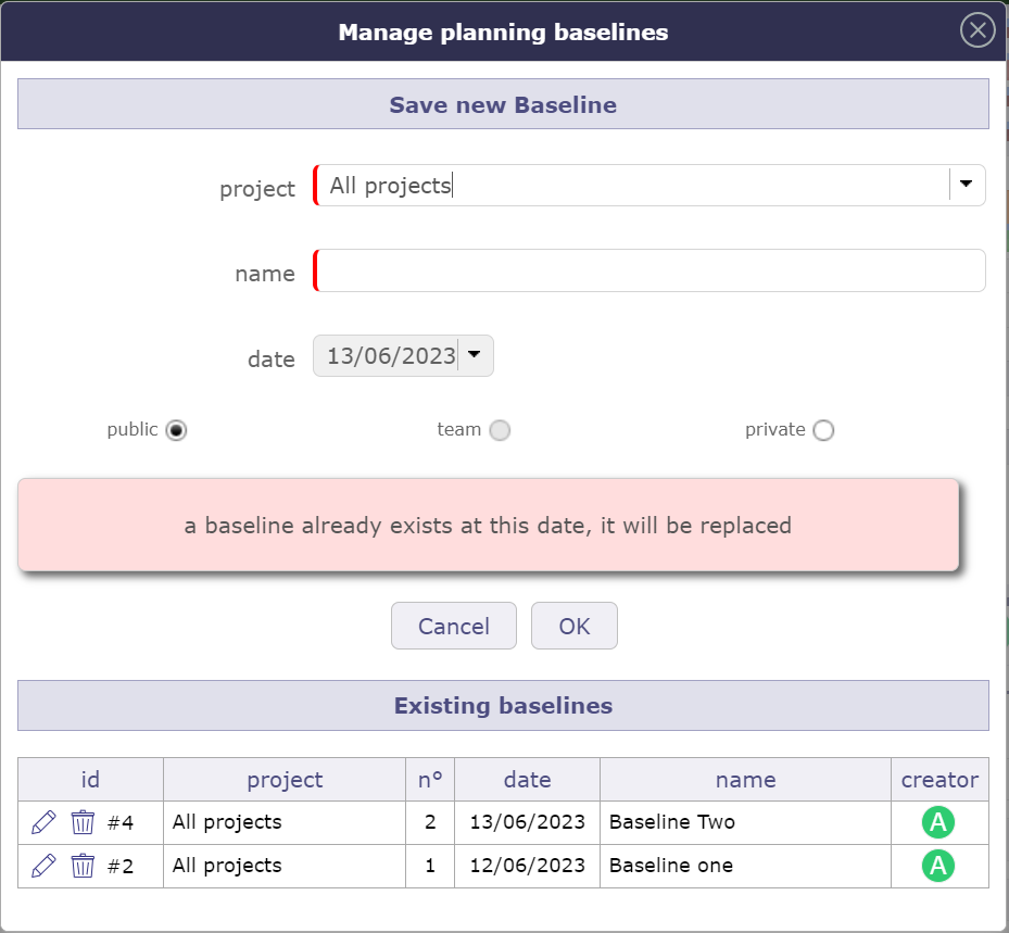 Error message on baseline management