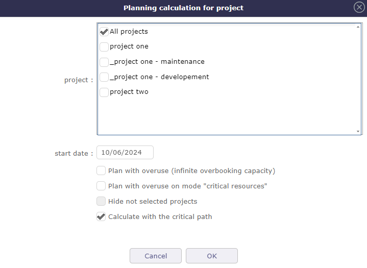 Project selection popUp for project calculation