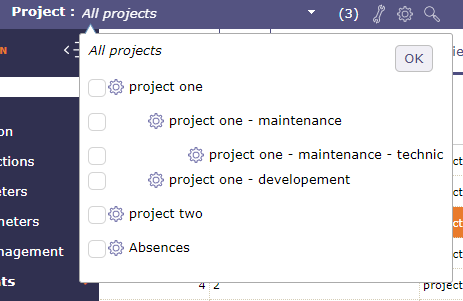 Projects Selector with level display