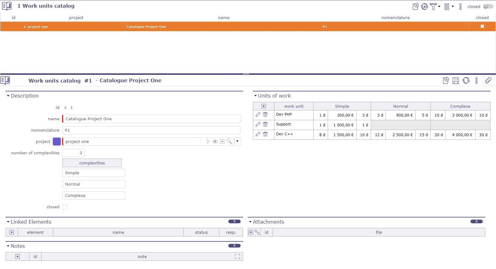 Work units Catalog screen