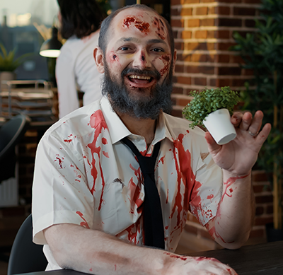 Nightmare zombie with bloody wounds smirking creepy while biting plant and waving at camera